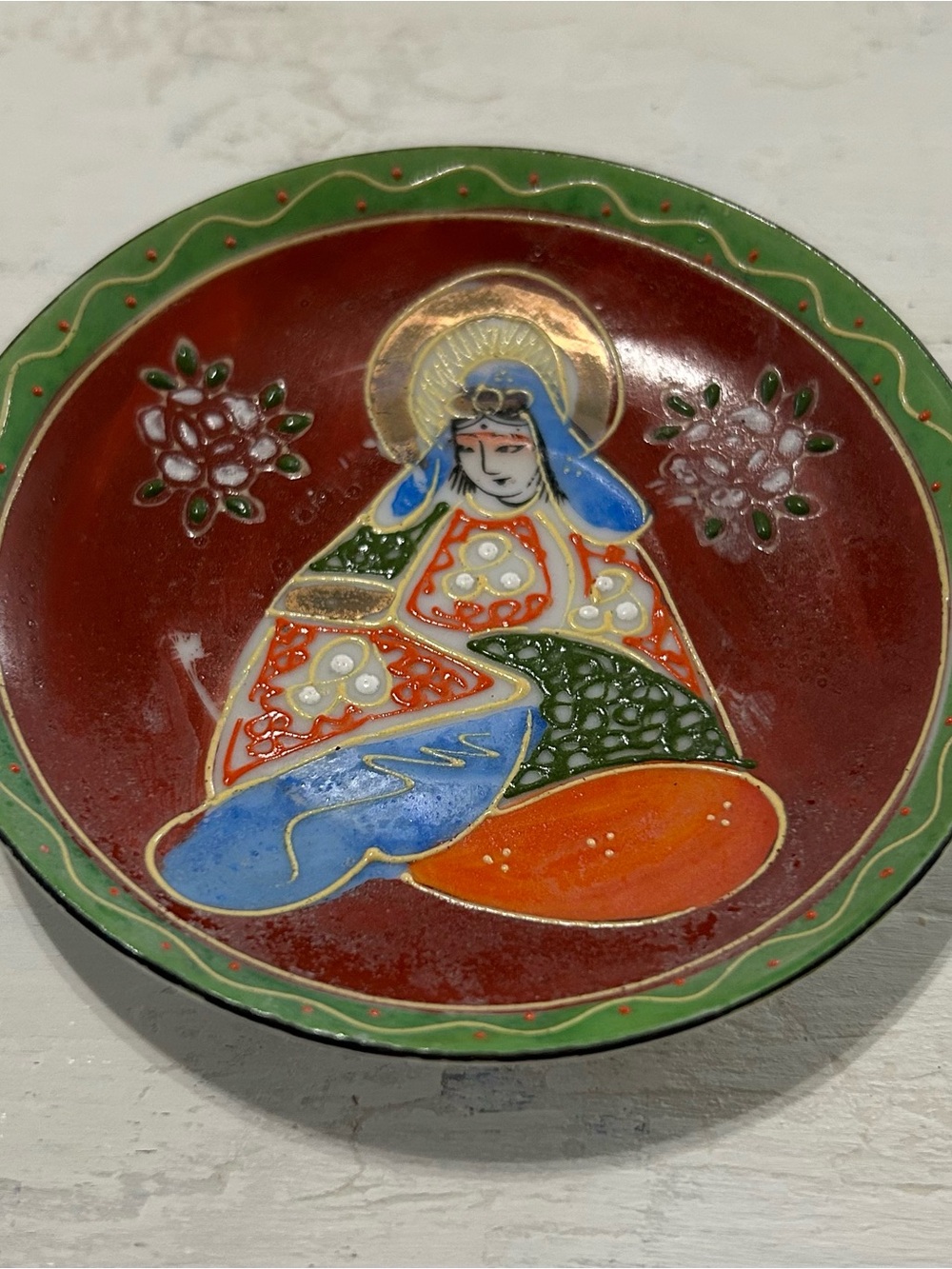 Vintage Japanese Satsuma  Figurine Plate in Red, Green, Blue, Orange